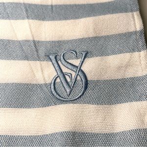 Victoria Secret Beach Picnic Blanket Fringe Blue White Stripped Logo